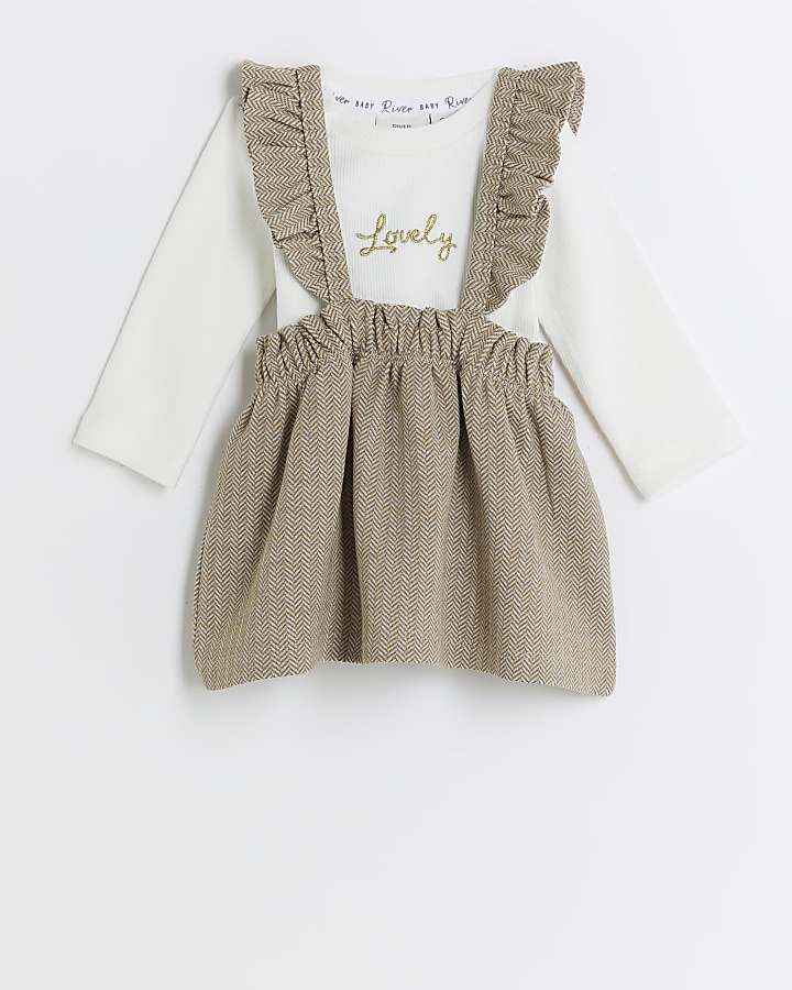 Baby girls beige jacquard pinafore dress set