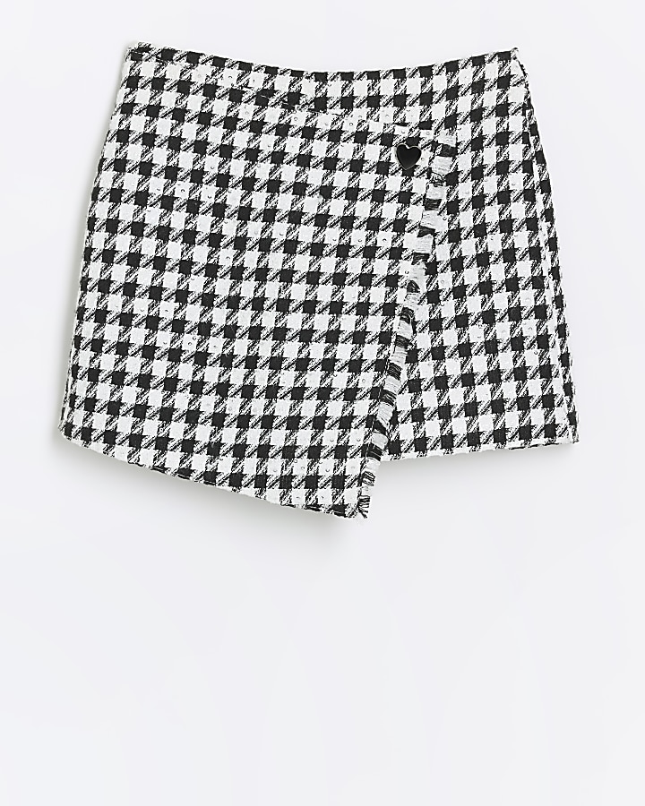 Girls black boucle dogtooth wrap skort