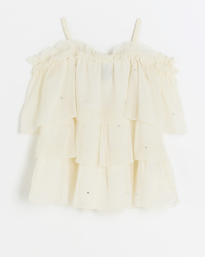 Girls white diamante frill blouse