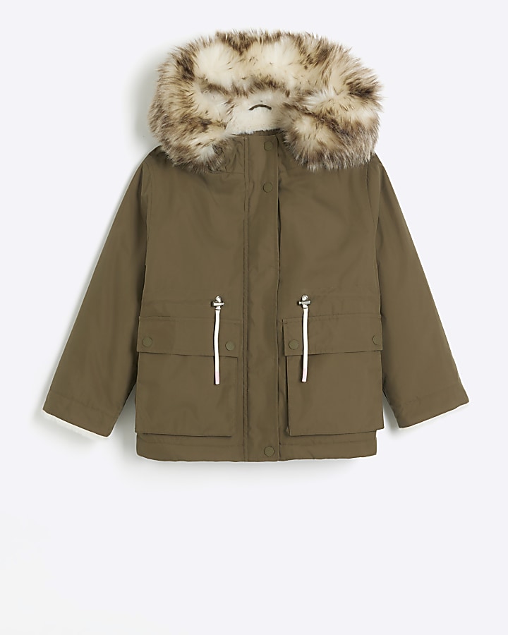 Girls khaki short parka jacket River Island