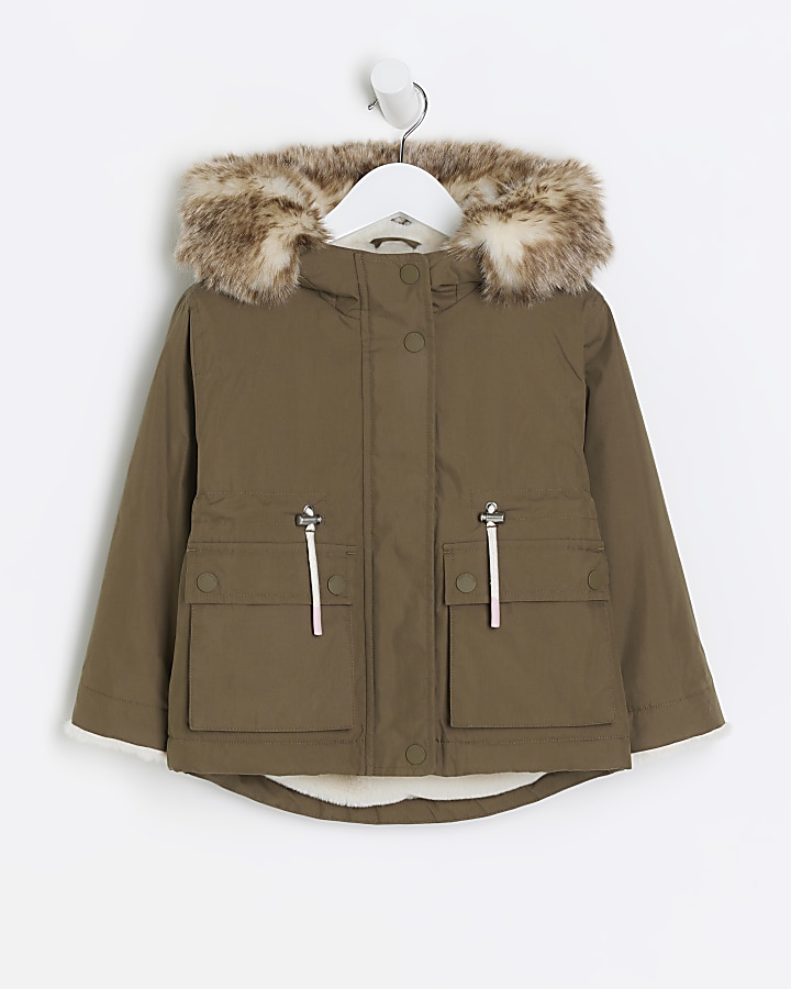 Mini girls khaki short parka jacket