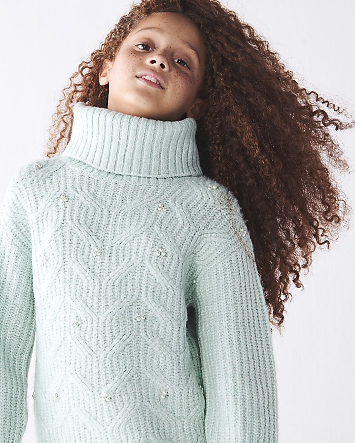 Girls green embellished cable knit dress