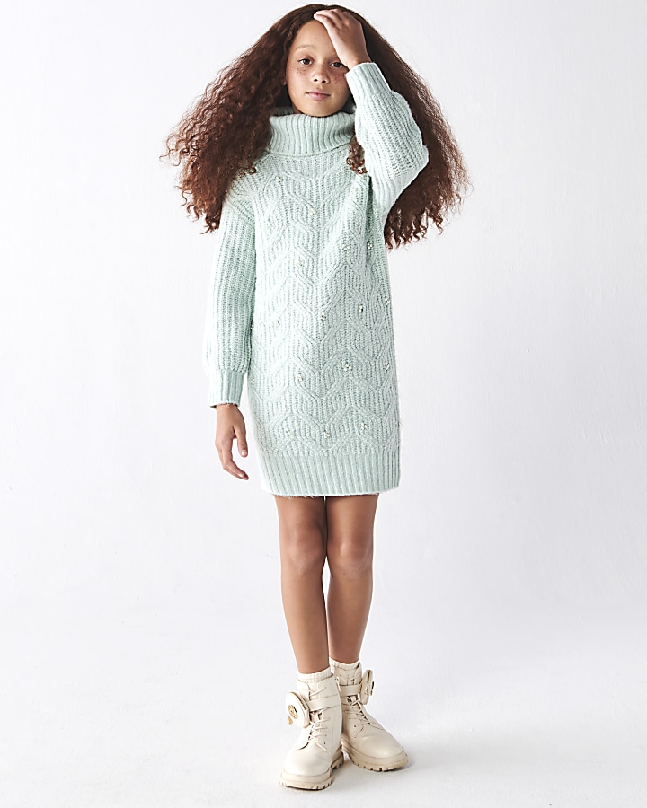 Girls green embellished cable knit dress