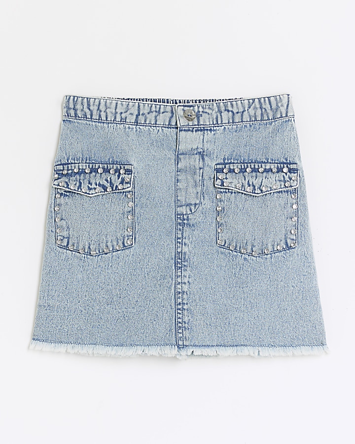 Girls Blue Denim Washed Embellished Skirt