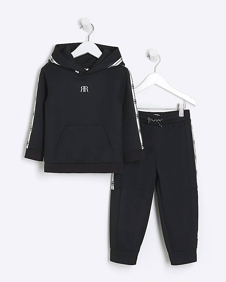 Mini boys black taped hoodie and joggers set