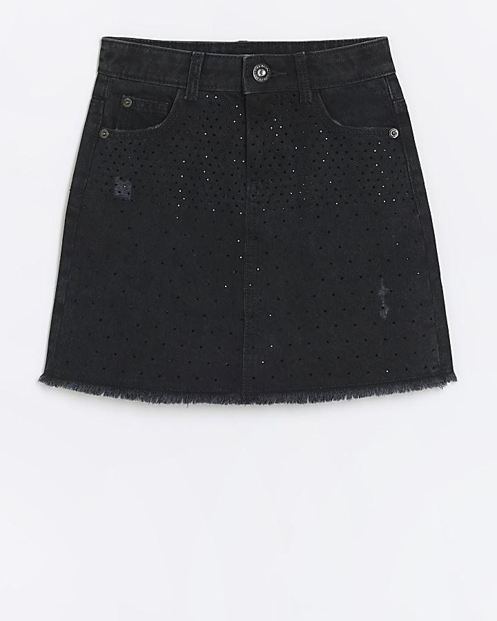 Girls black denim diamante skirt | River Island