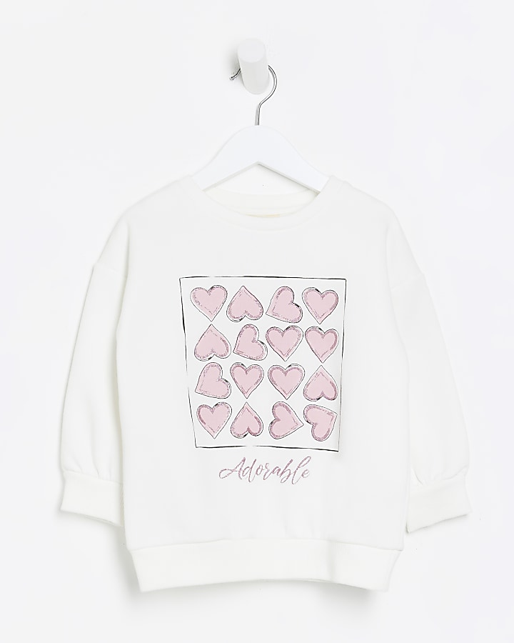 Mini girls ecru heart print sweatshirt | River Island