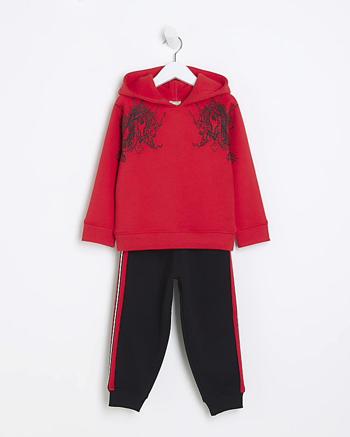 Mini boys red dragon hoodie set
