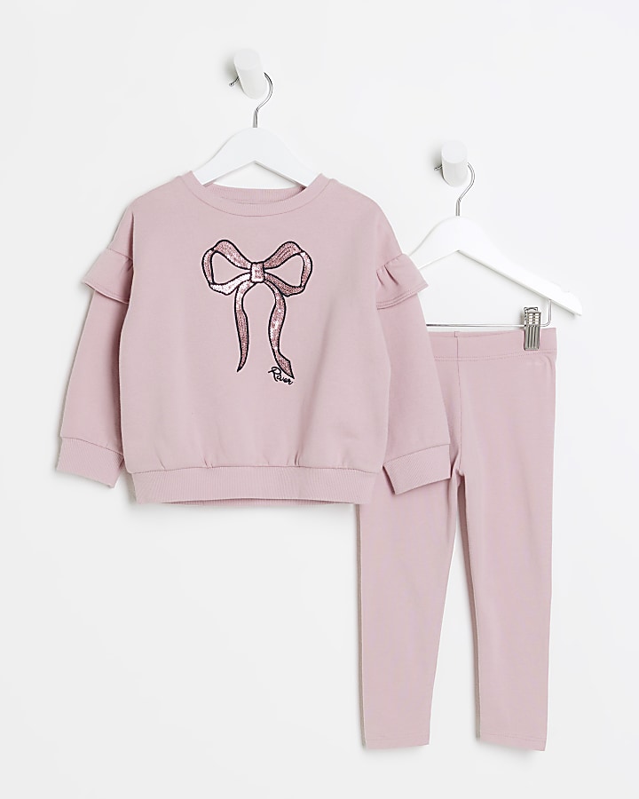 Mini girls pink sequin bow sweatshirt set River Island