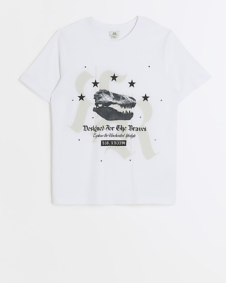 Boys White Dinosaur Skull Print T-shirt