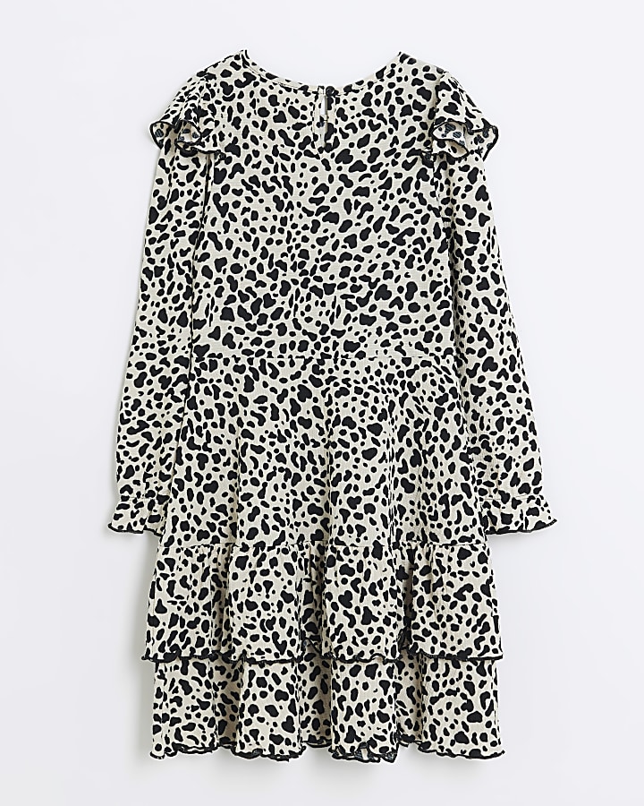 Girls cream leopard print frill dress