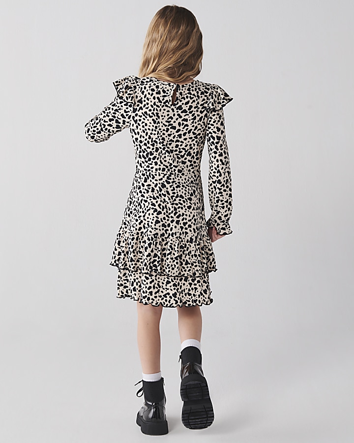 Girls cream leopard print frill dress
