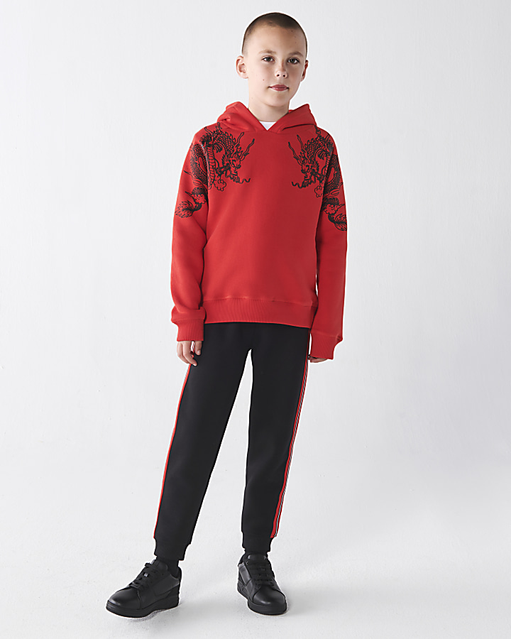 Kids Plain Tracksuit Cuffed Hoodie Red Sweatpants Casual Fashion