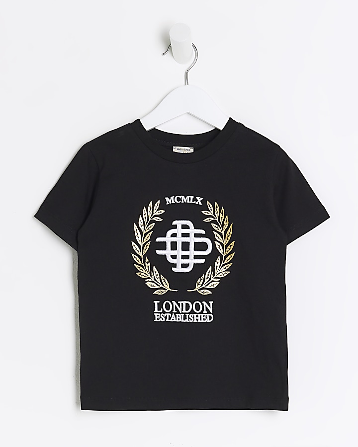 Mini Boys Black Embroidered T-shirt
