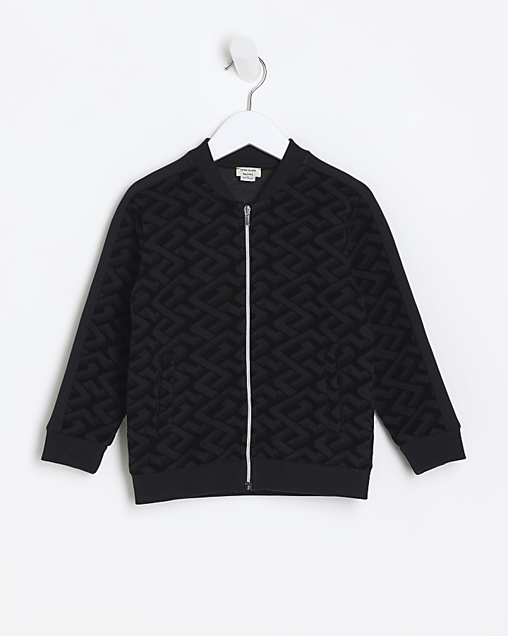 Mini boys black textured zip bomber jacket | River Island