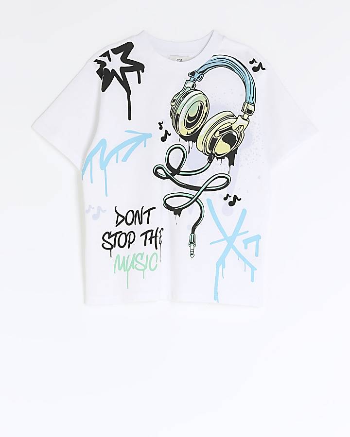 Boys white headphone graffiti graphic t-shirt