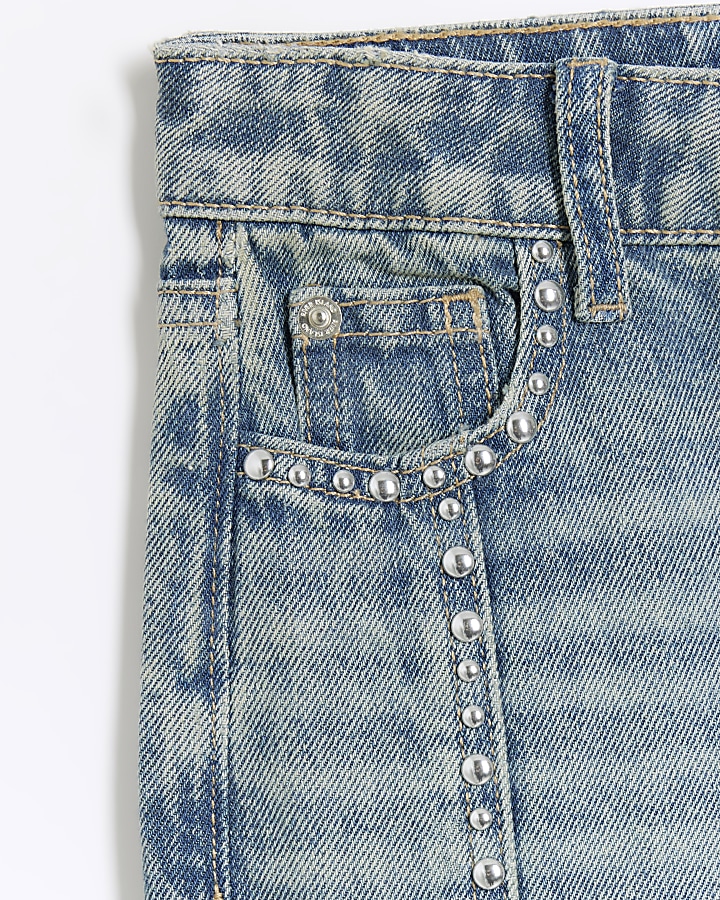 Girls blue studded straight jeans