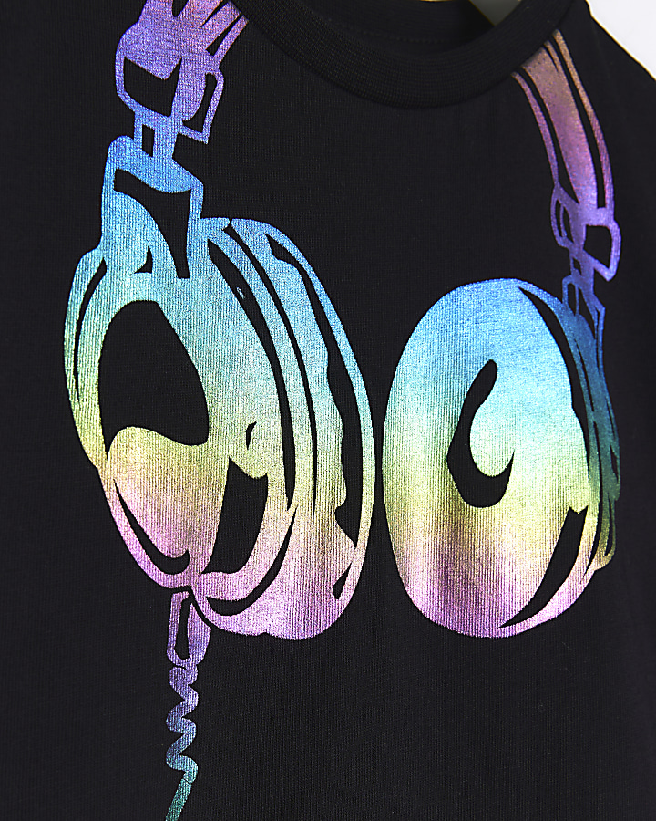 Mini boys black headphones graphic tshirt River Island