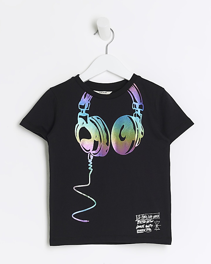 Mini boys black headphones graphic t-shirt