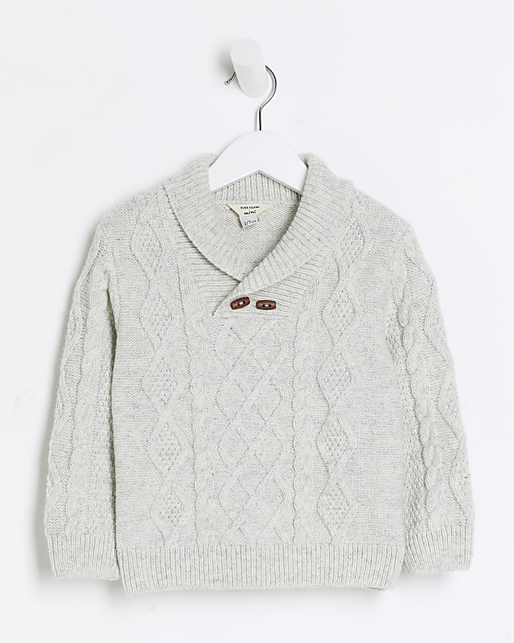 Mini boys grey cable knit shawl jumper