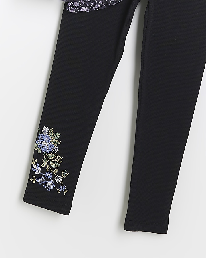 Mini girls black embroidered floral top set