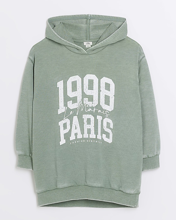 Girls green graphic washed hoodie