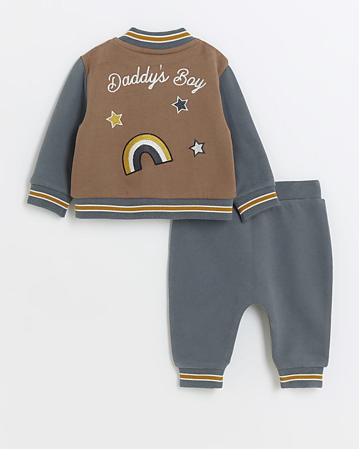 Baby boys brown embroidered bomber top set