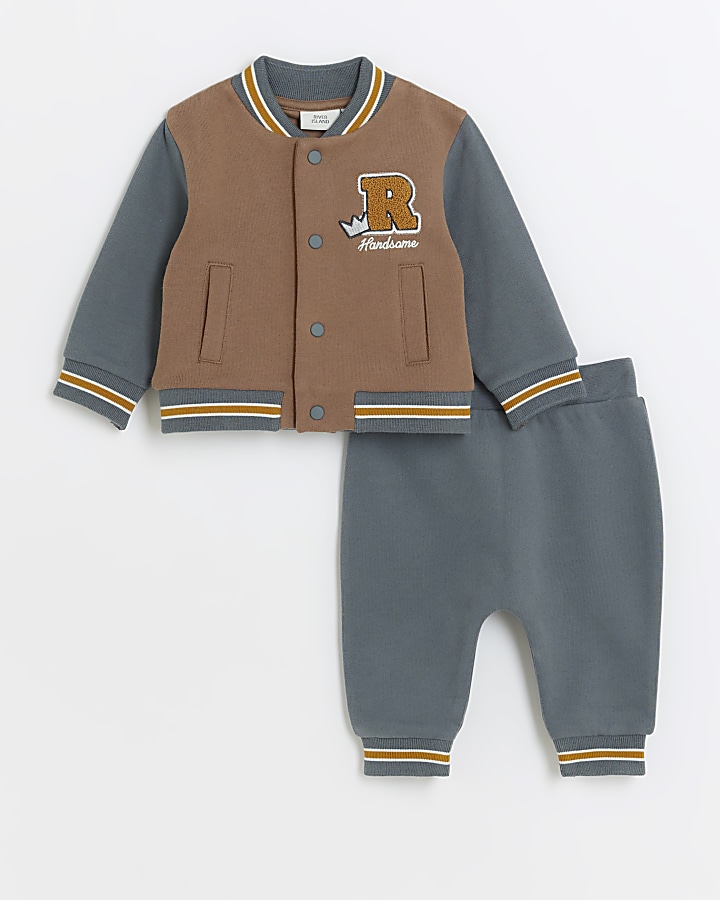 Baby boys brown embroidered bomber top set