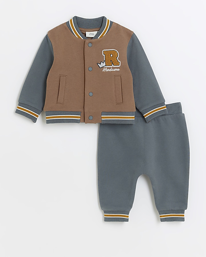 Baby boys brown embroidered bomber top set River Island