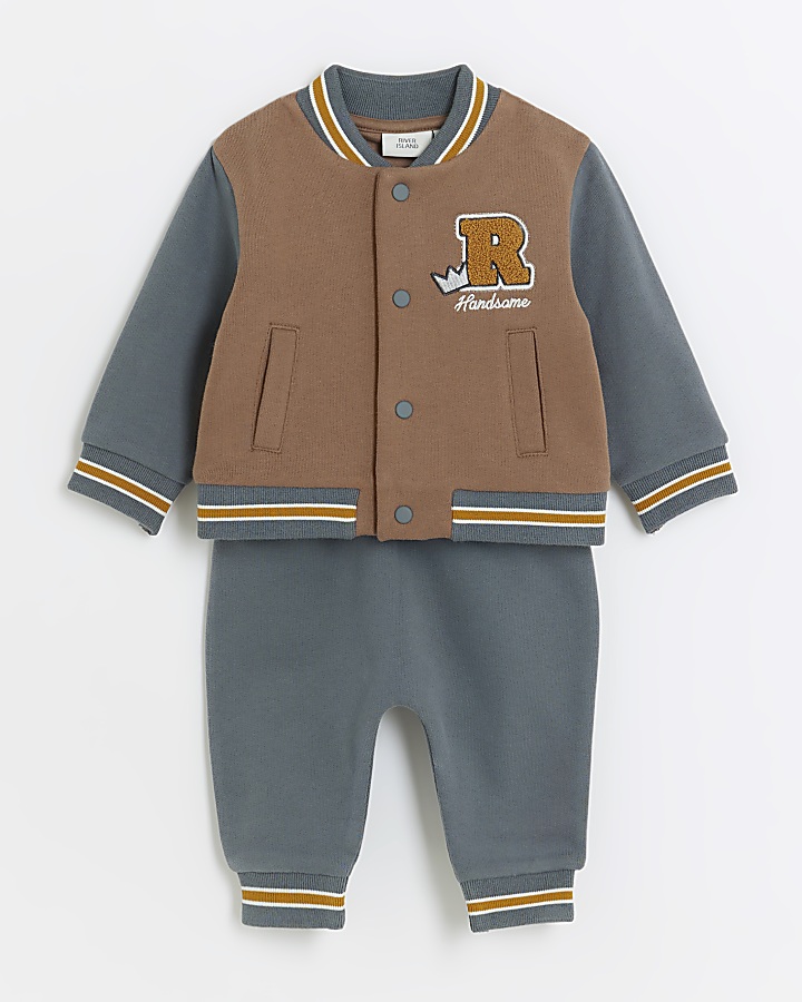 Baby boys brown embroidered bomber top set | River Island