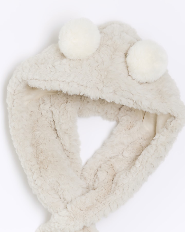 Girls beige faux fur hooded scarf River Island