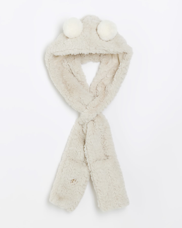 Girls beige faux fur hooded scarf