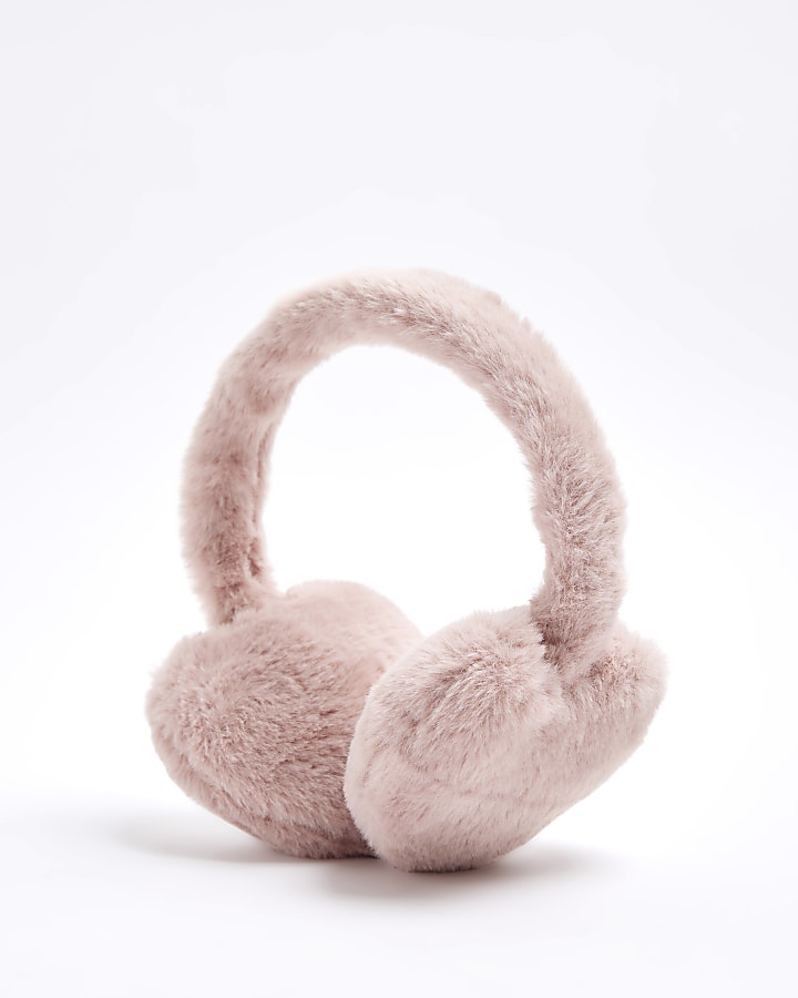 Mini girls pink faux fur heart ear muff set