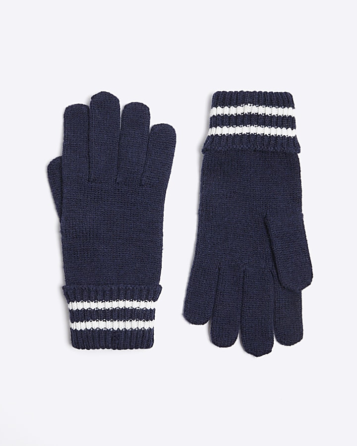 Boys navy stripe gloves River Island