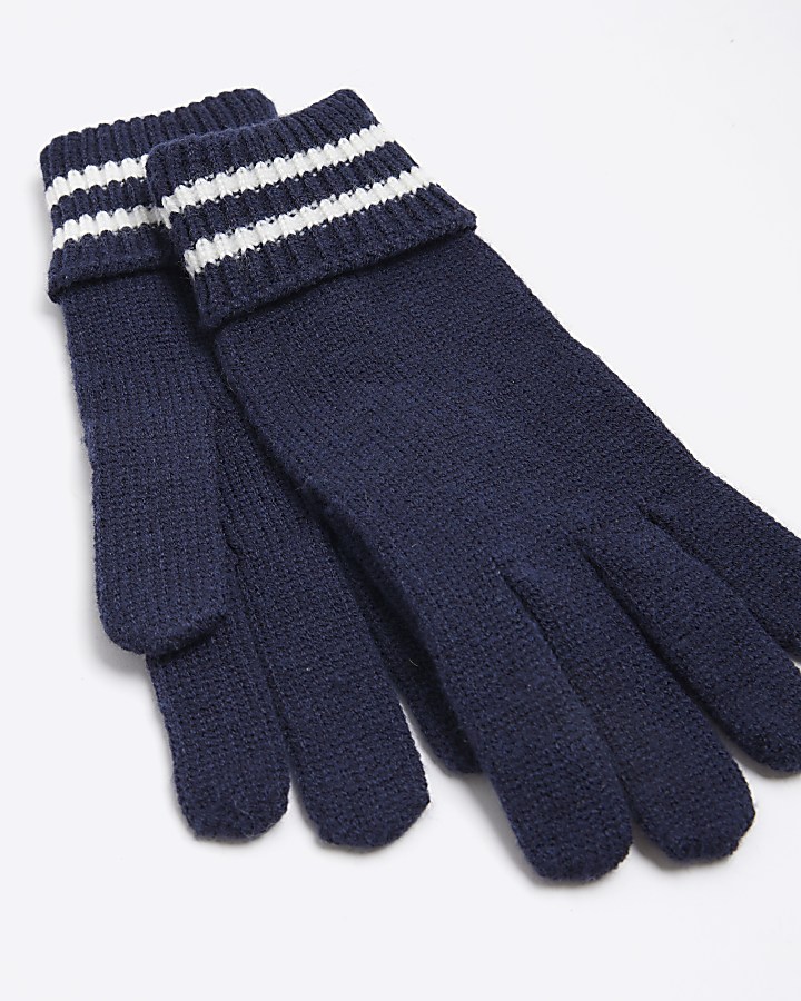 Boys navy stripe gloves River Island