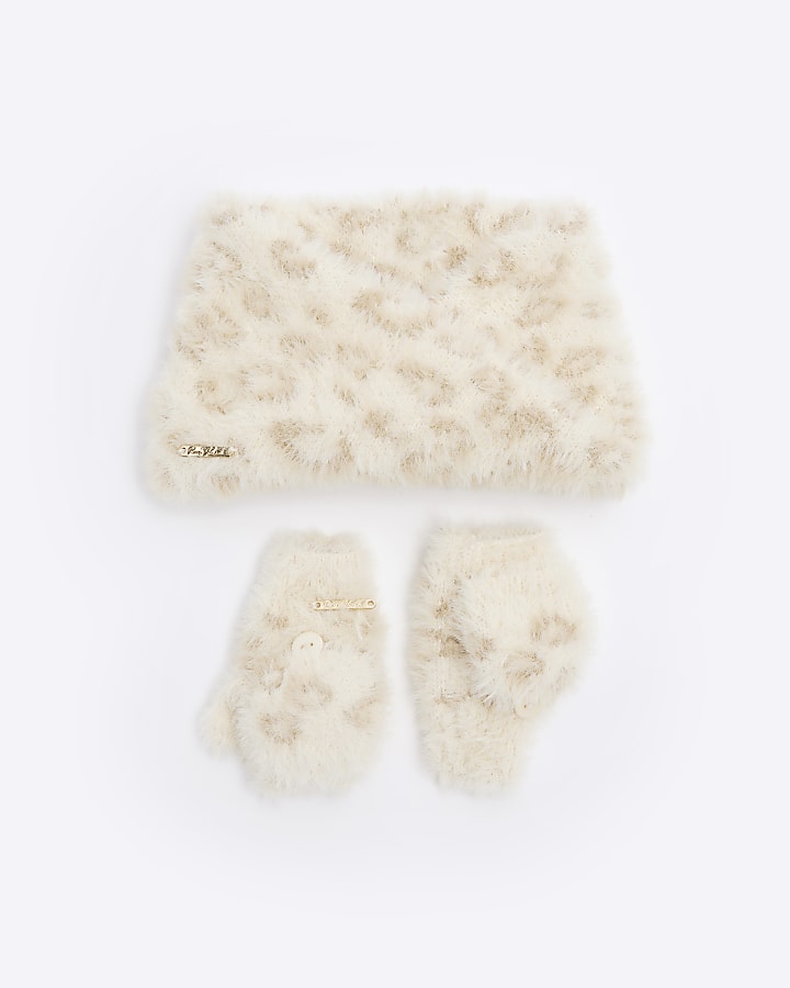Mini Girls Cream Leopard snood and gloves Set