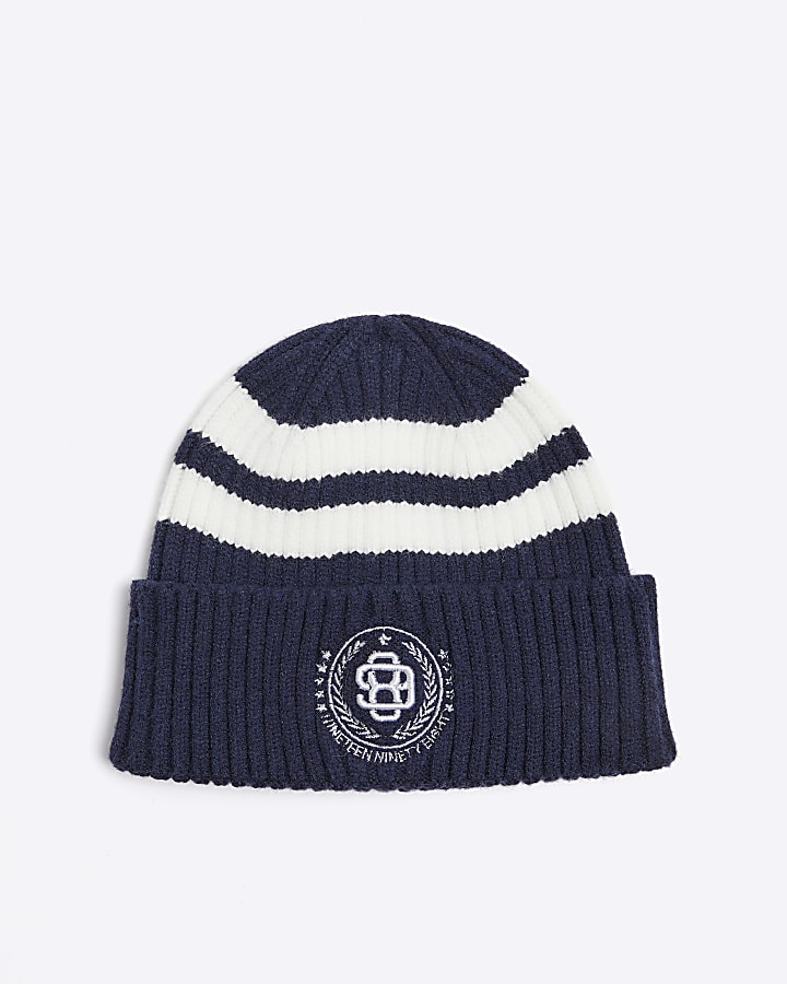 Boys navy stripe varsity beanie hat