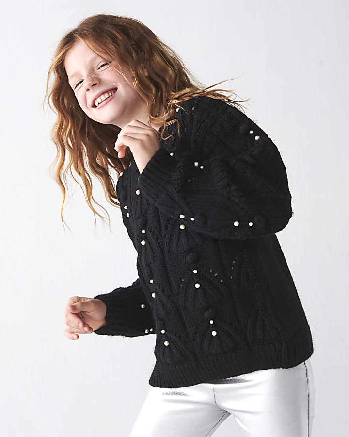 Girls black pearl embellishment jumper River Island