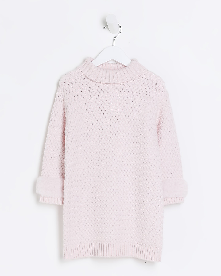 Mini Girls Pink Faux Fur Trim Jumper Dress