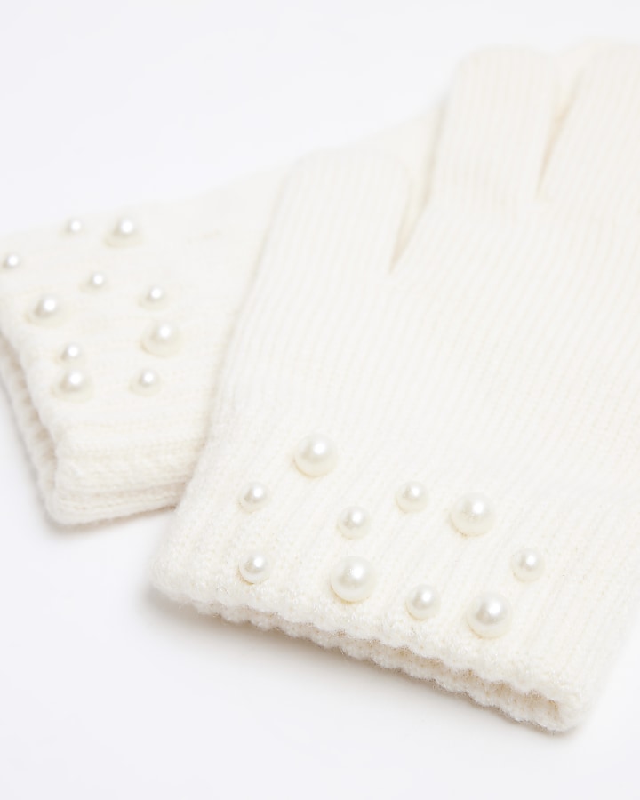 Girls cream pearl detail gloves River Island