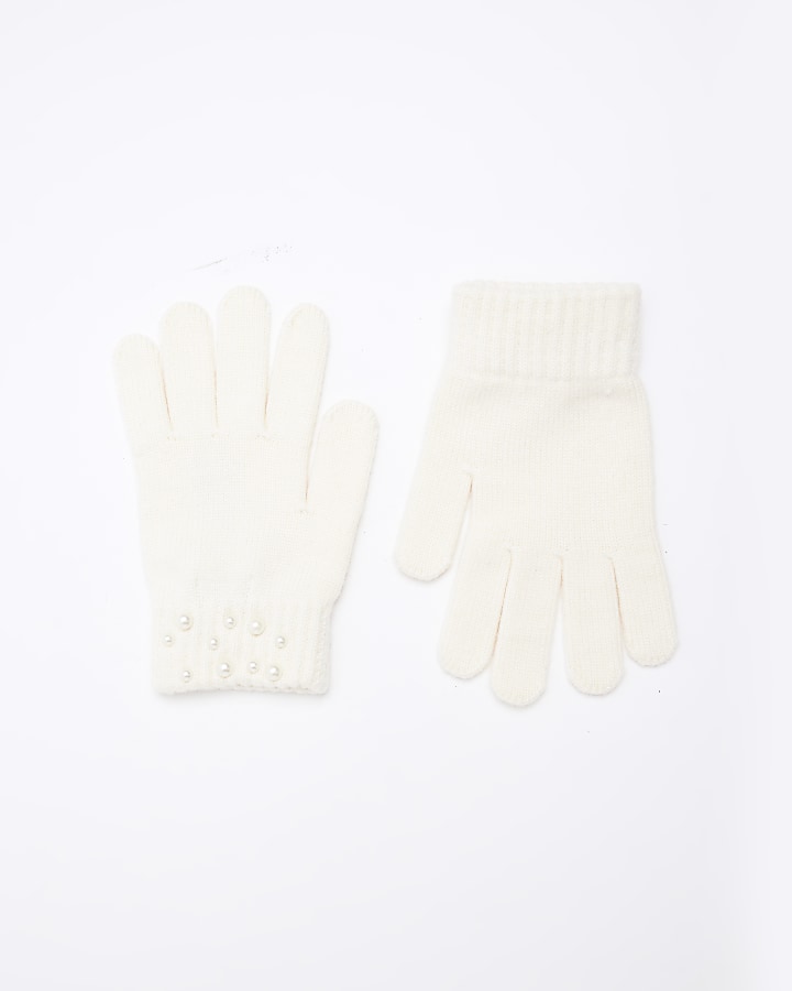 Girls cream pearl detail gloves River Island