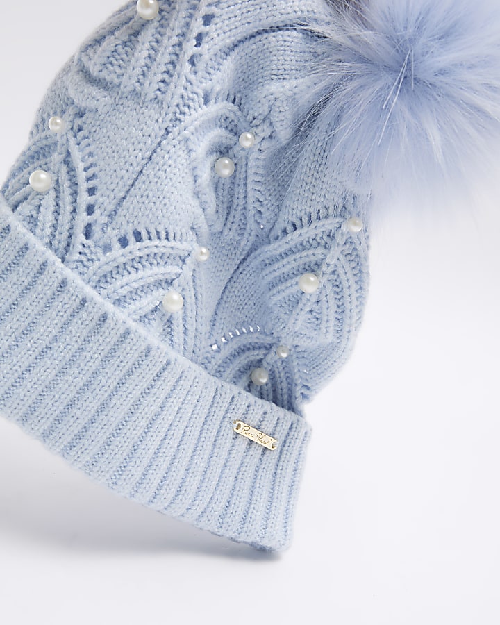 Girls Blue knitted pearl beanie hat