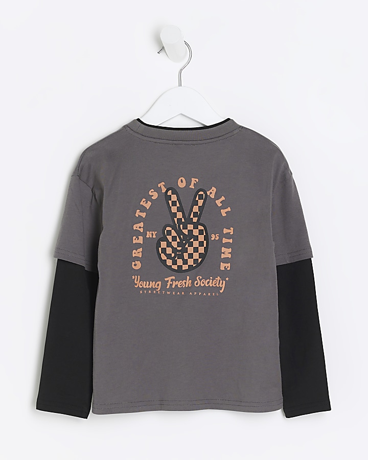 Mini boys grey graphic long sleeve t-shirt