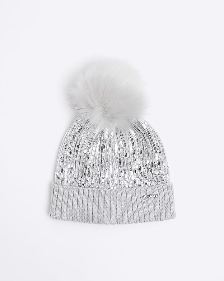 Girls grey sequin pom pom beanie hat