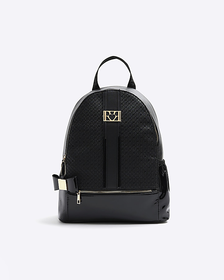 Girls black RI monogram backpack River Island