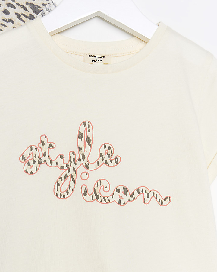 Mini girls cream animal print t-shirt 2 pack