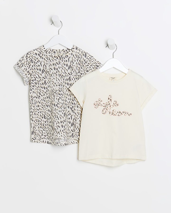 Mini girls cream animal print t-shirt 2 pack
