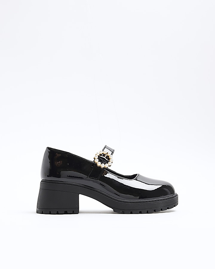 Girls black patent pearl buckle heel shoes