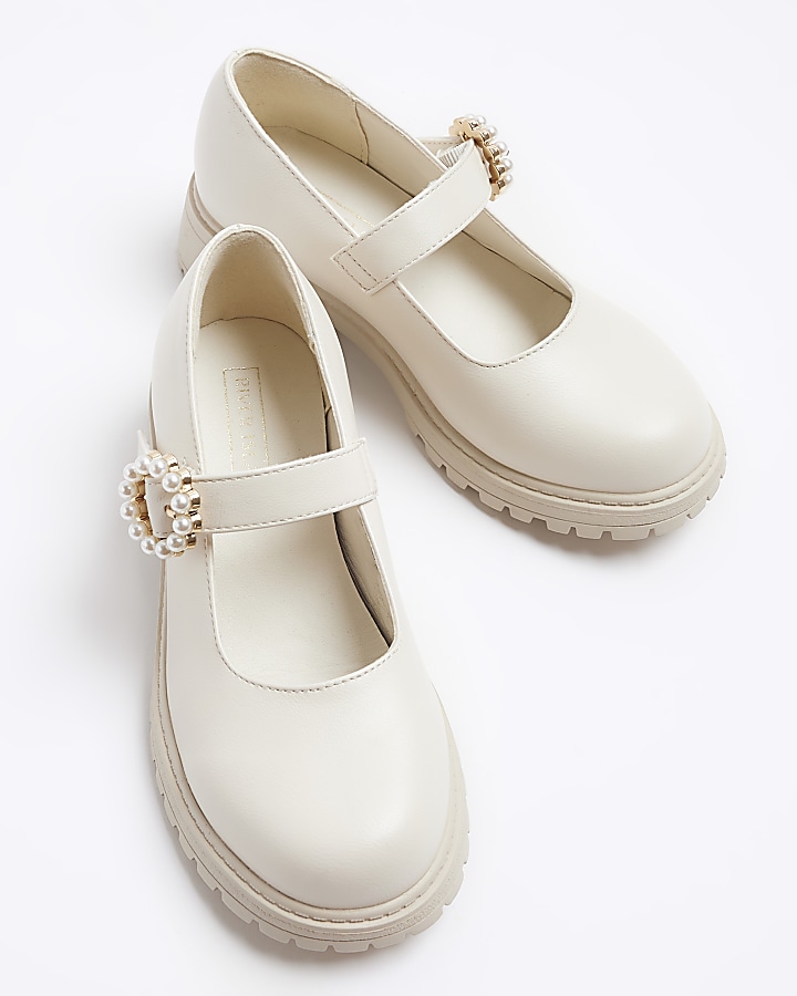 Girls cream pearl chunky mary jane shoes