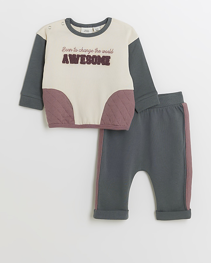 Baby boys cream colour block sweatshirt set